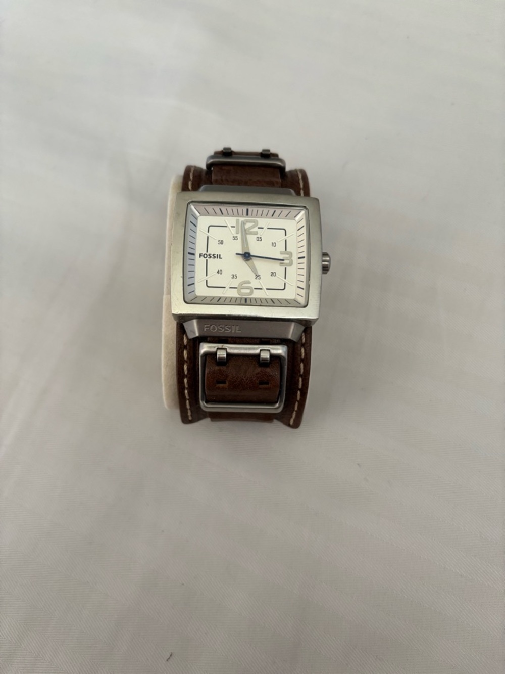 Fossil Men’s Brown Leather Cuff Watch with Silver Square Case